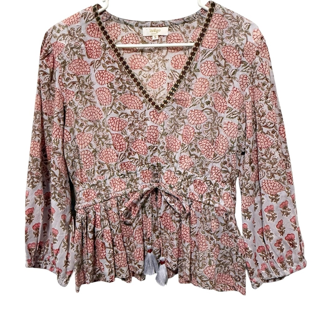 Indigo Desert Pink Embroidered Peplum Blouse Cinched Waist Tie Front Size Small
